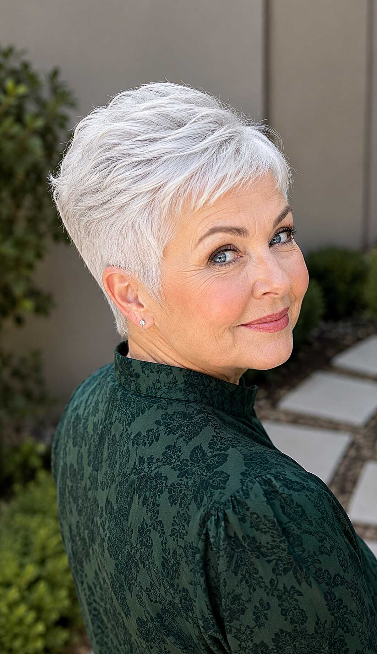 Elegant platinum white pixie swept back on older woman