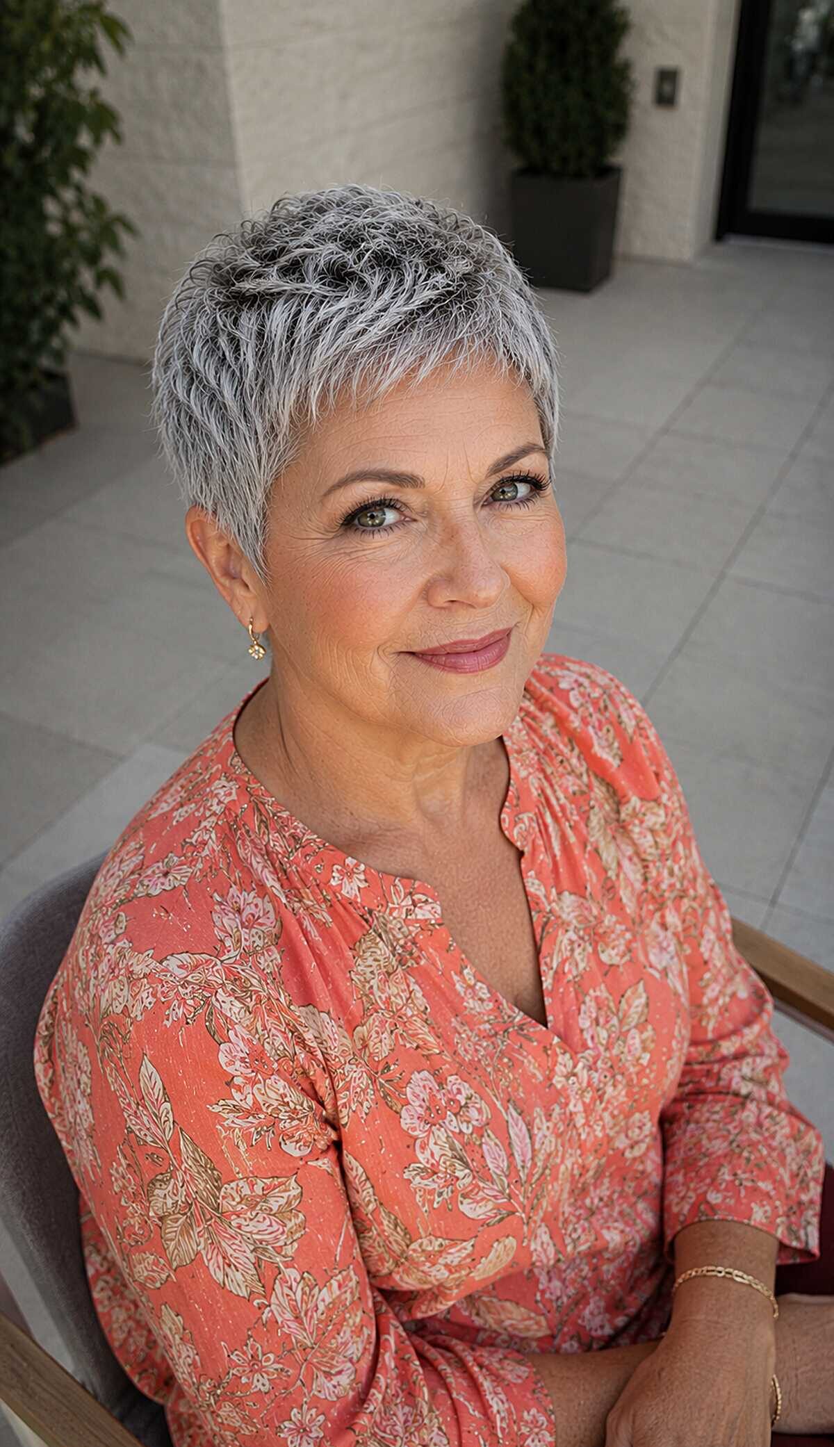 Short salt and pepper pixie with wavy texture