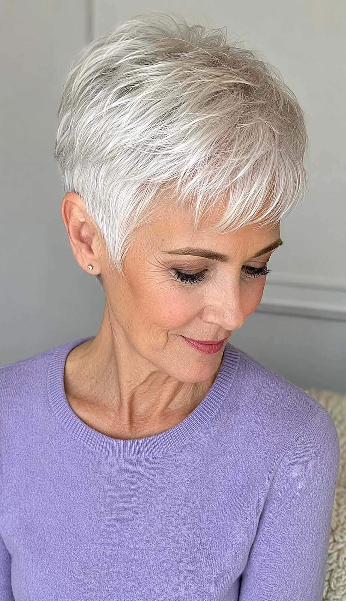 Soft white feathered pixie on woman looking down