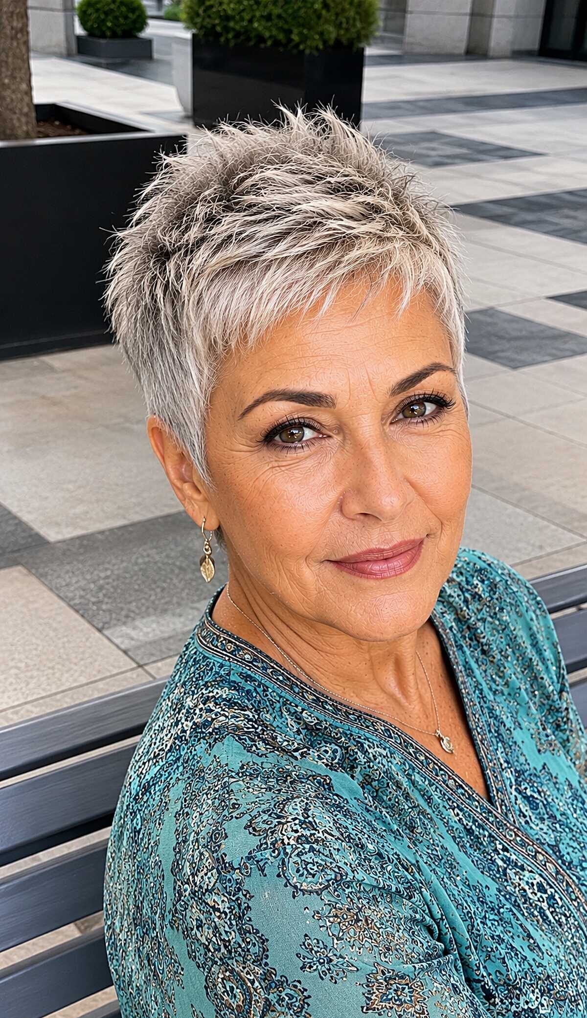 Spiky silver and ash blonde pixie on older woman