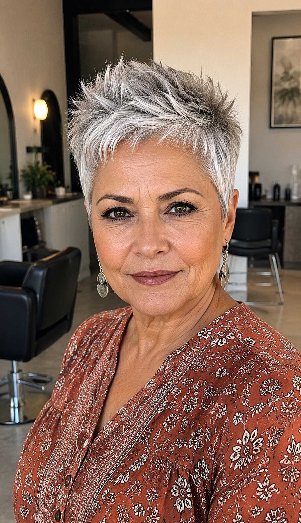 Bold spiky silver pixie with dark roots on older woman