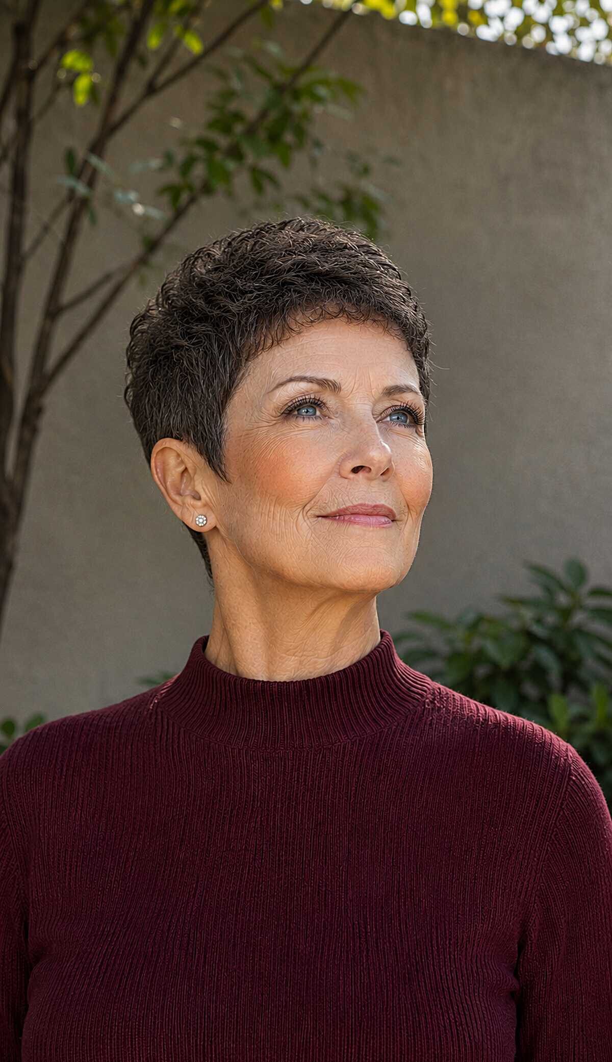 Very short dark brown curly pixie on woman over 60