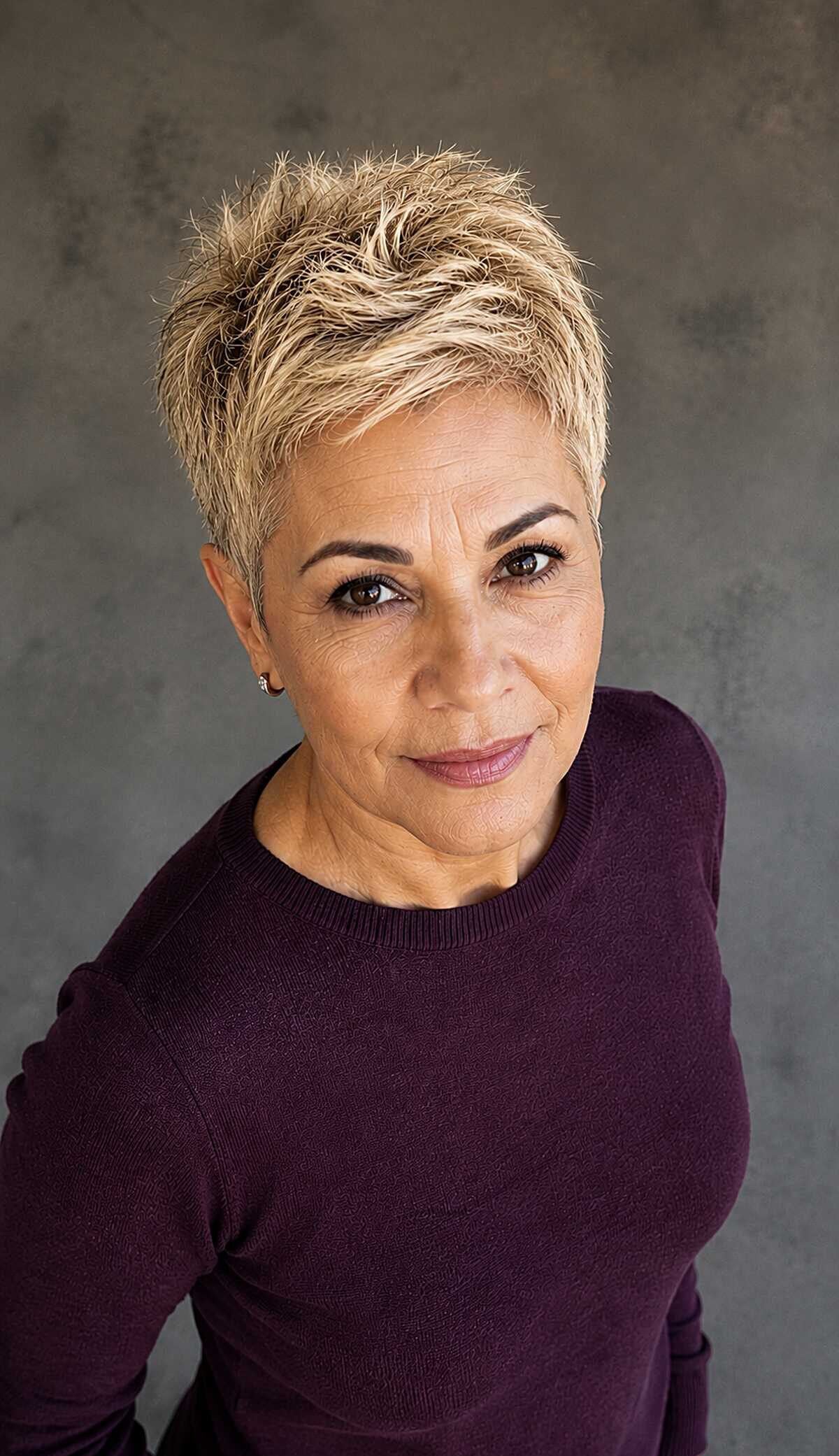 Spiky warm blonde pixie cut on woman over 60