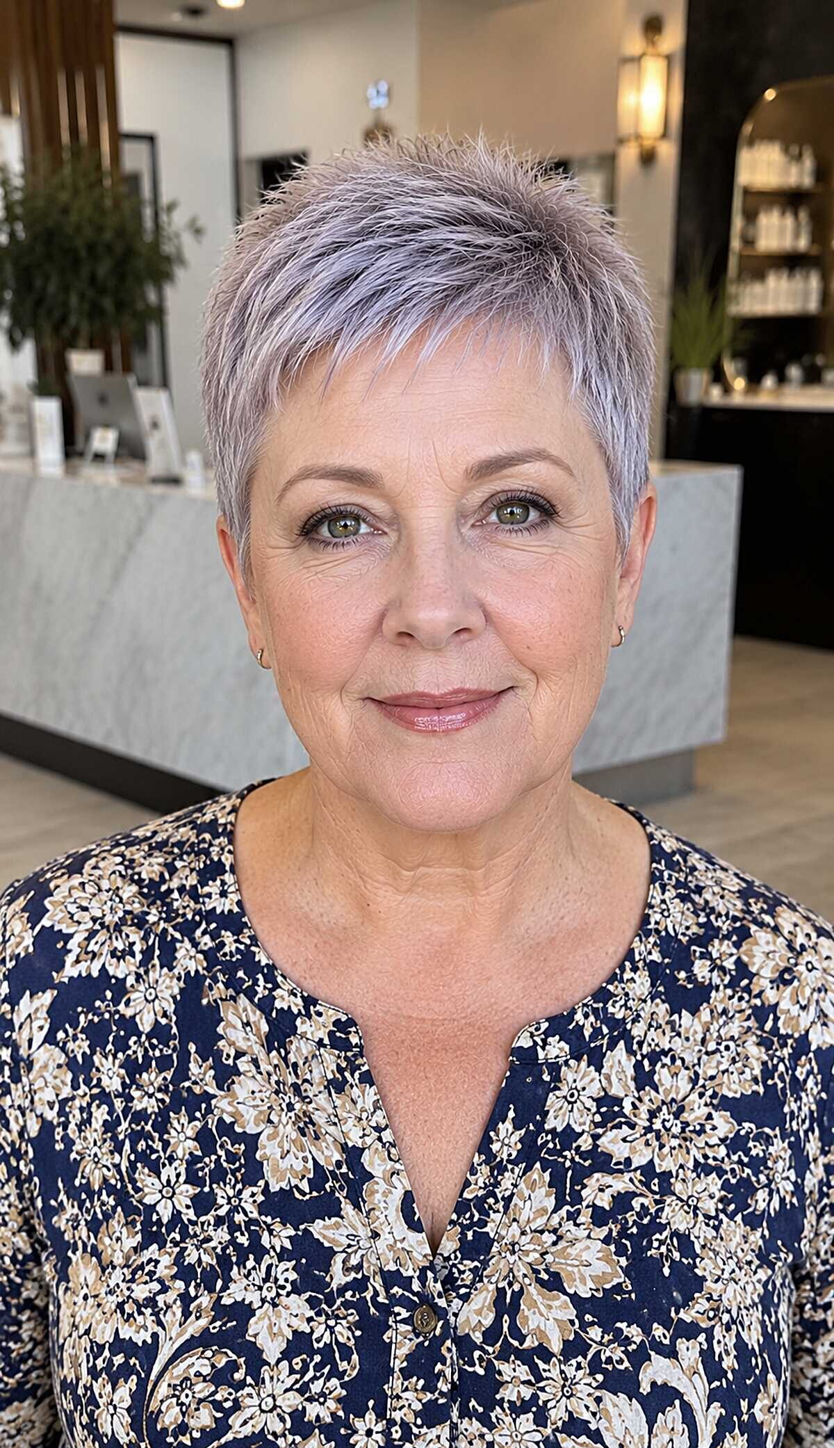 Short lavender-tinted silver pixie on older woman