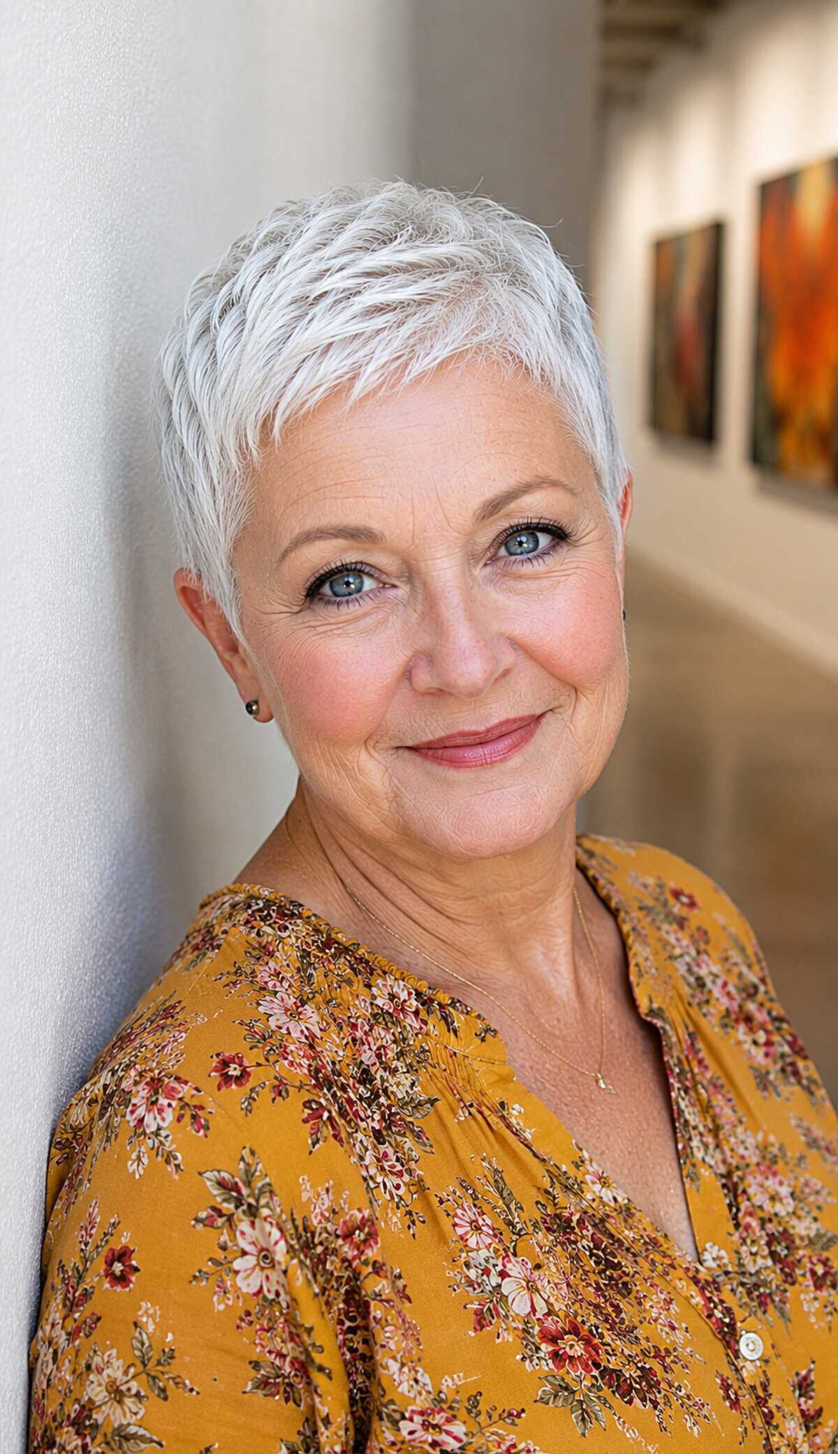 Short feathered white pixie cut on woman over 60