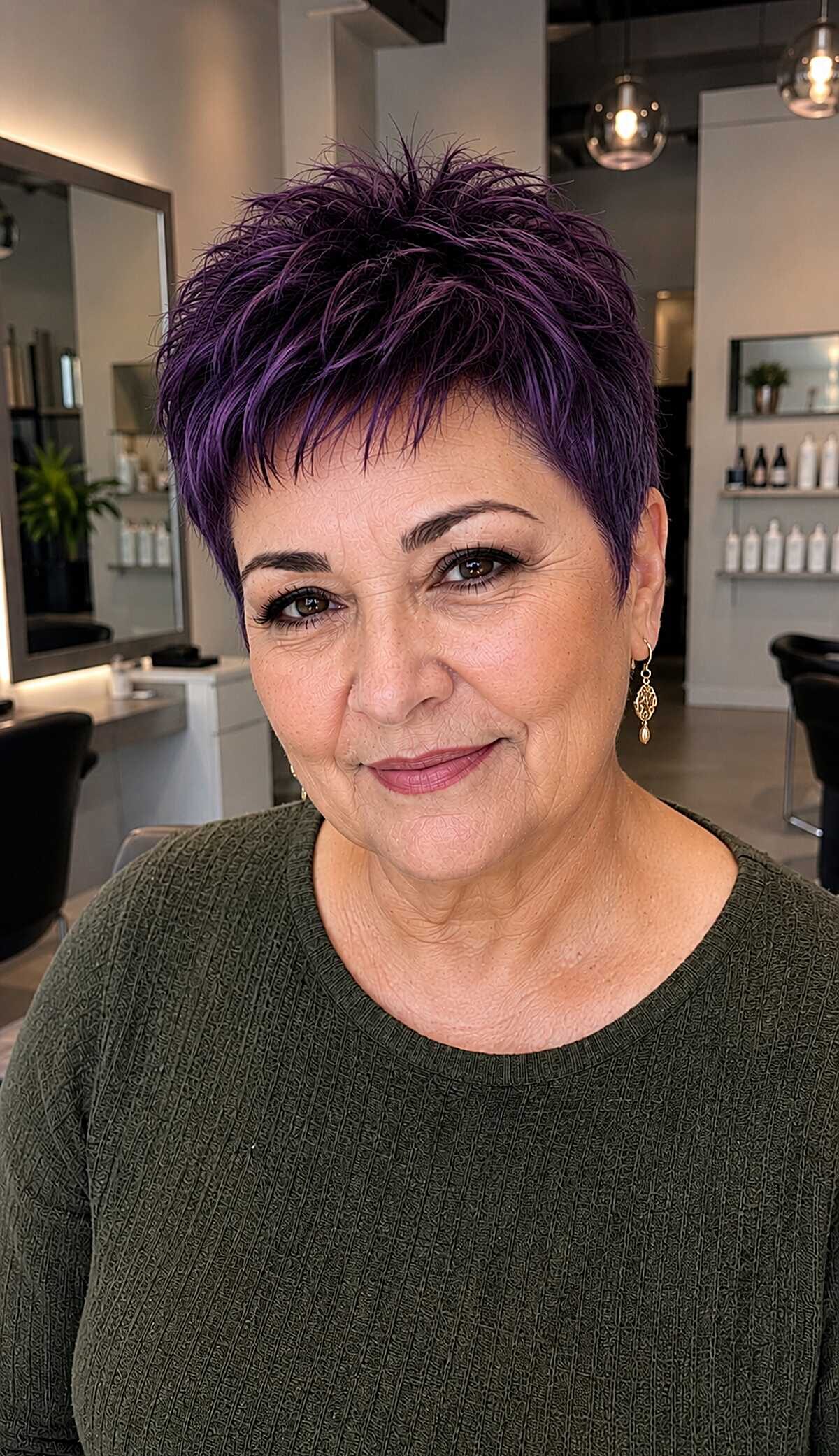 Deep purple spiky pixie cut on woman over 60