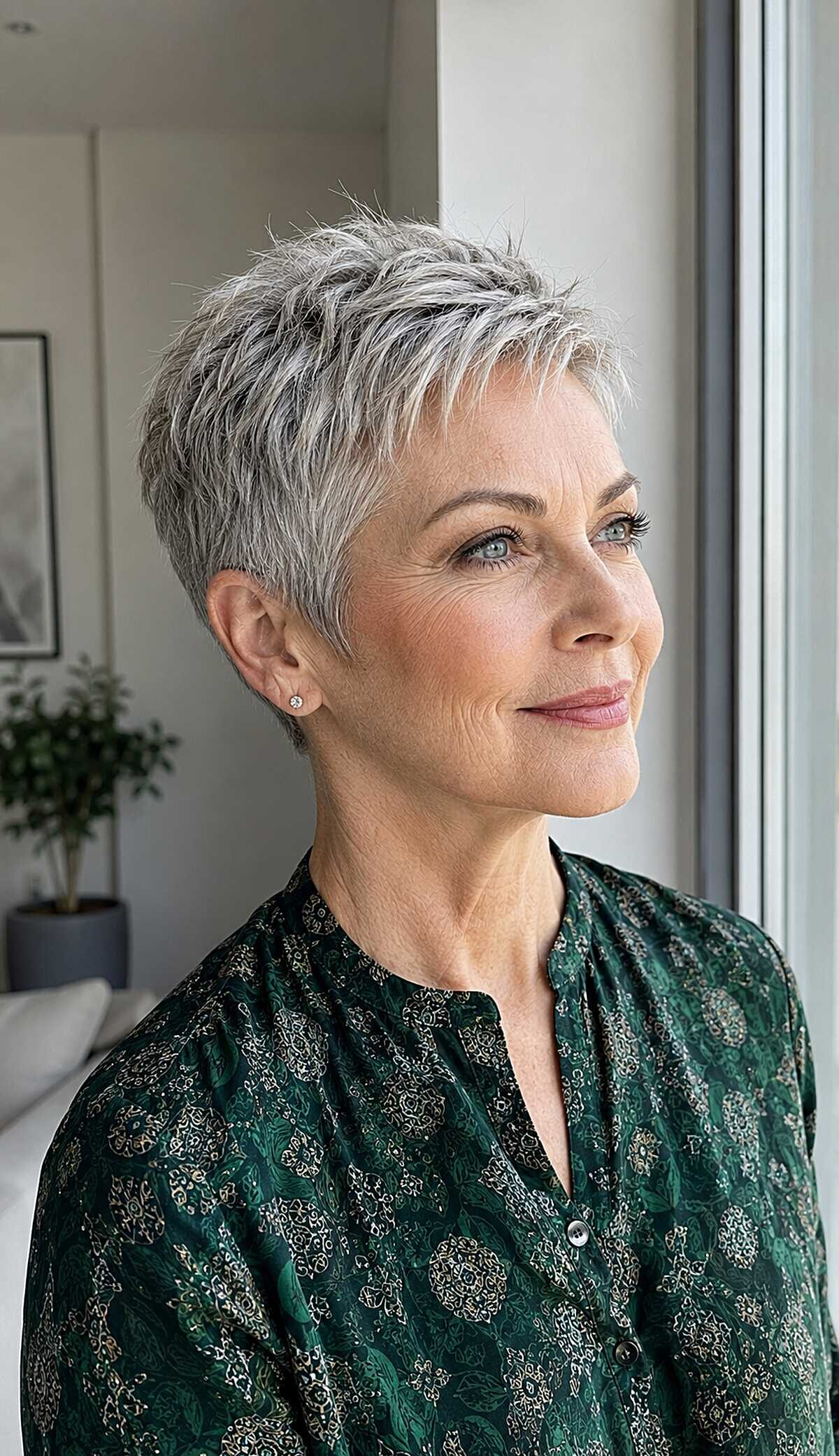 Ash silver short pixie with choppy textured layers