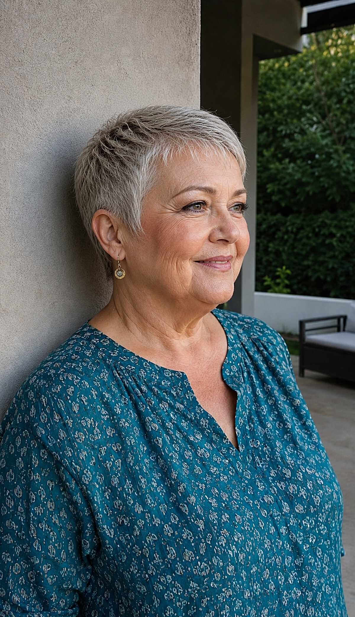 Casual short gray pixie swept to the side