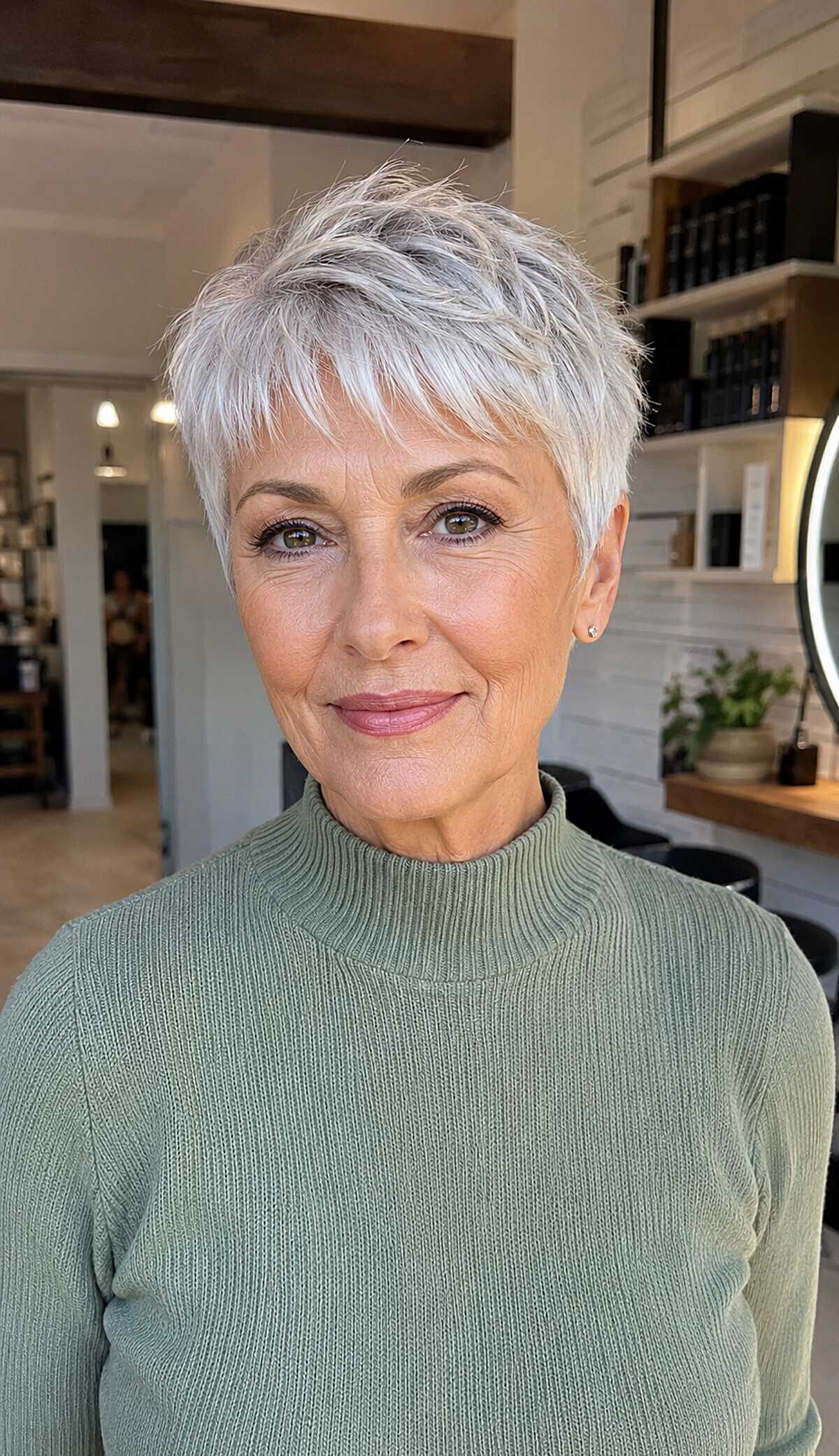 Platinum silver wispy pixie with layered fringe