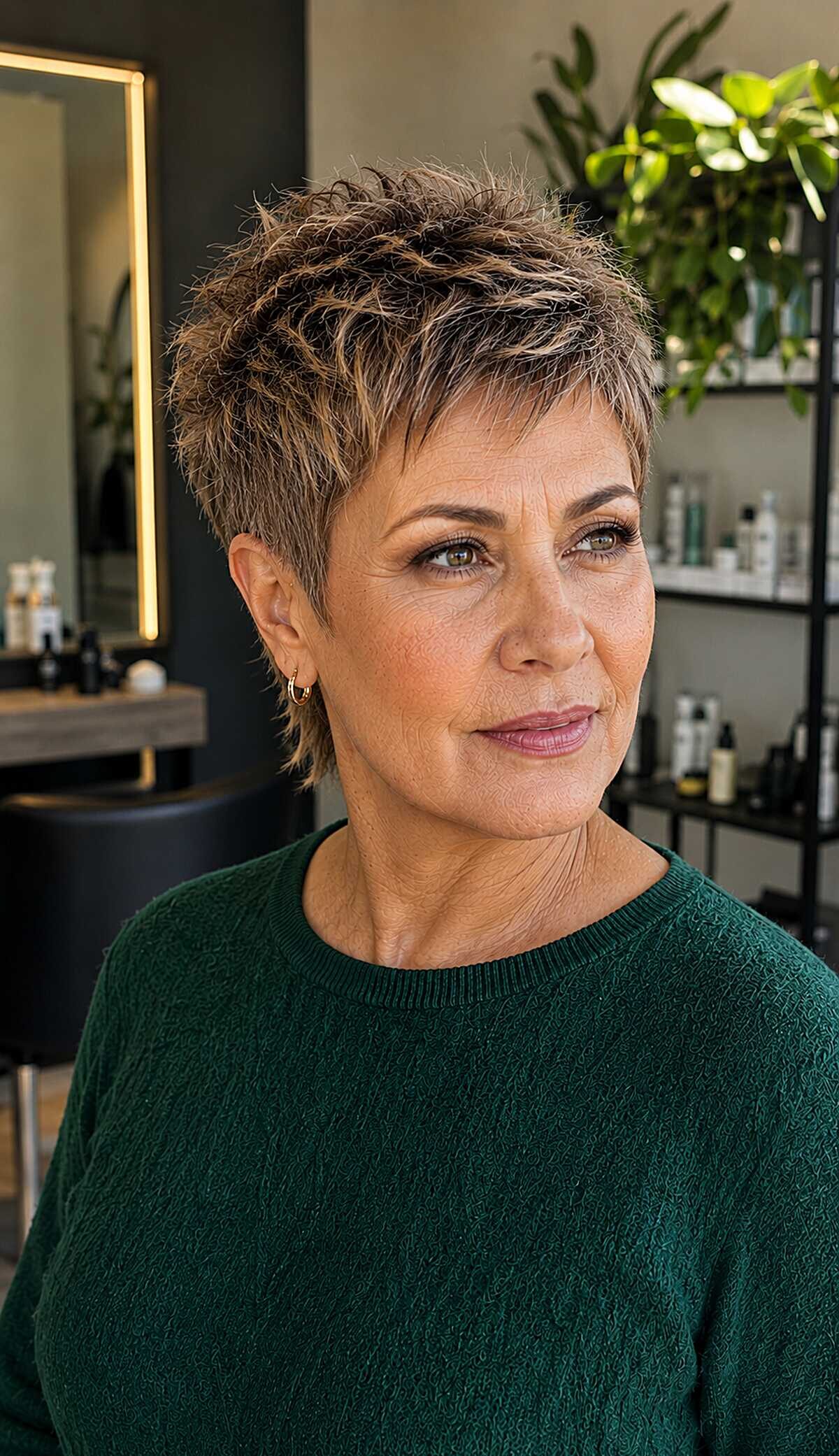 Spiky textured brunette pixie with highlights