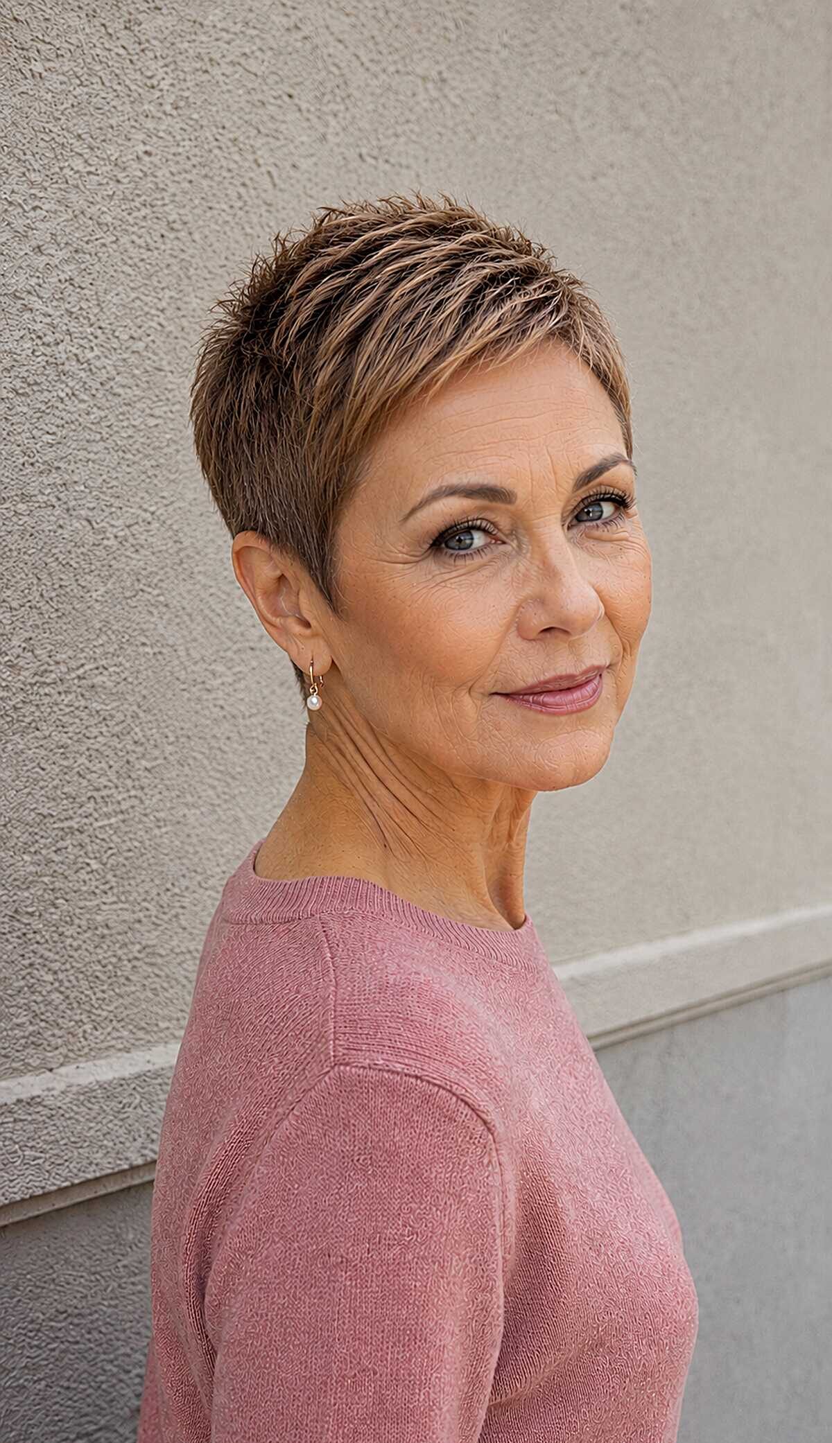 Very short tapered brunette pixie cut with highlights