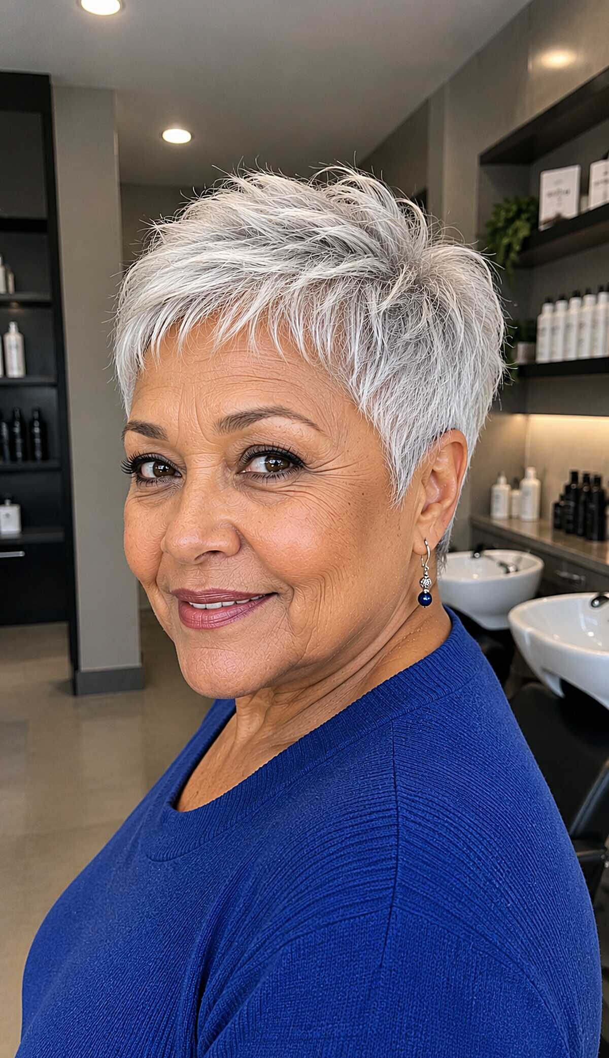 Voluminous silver pixie swept to side on older woman