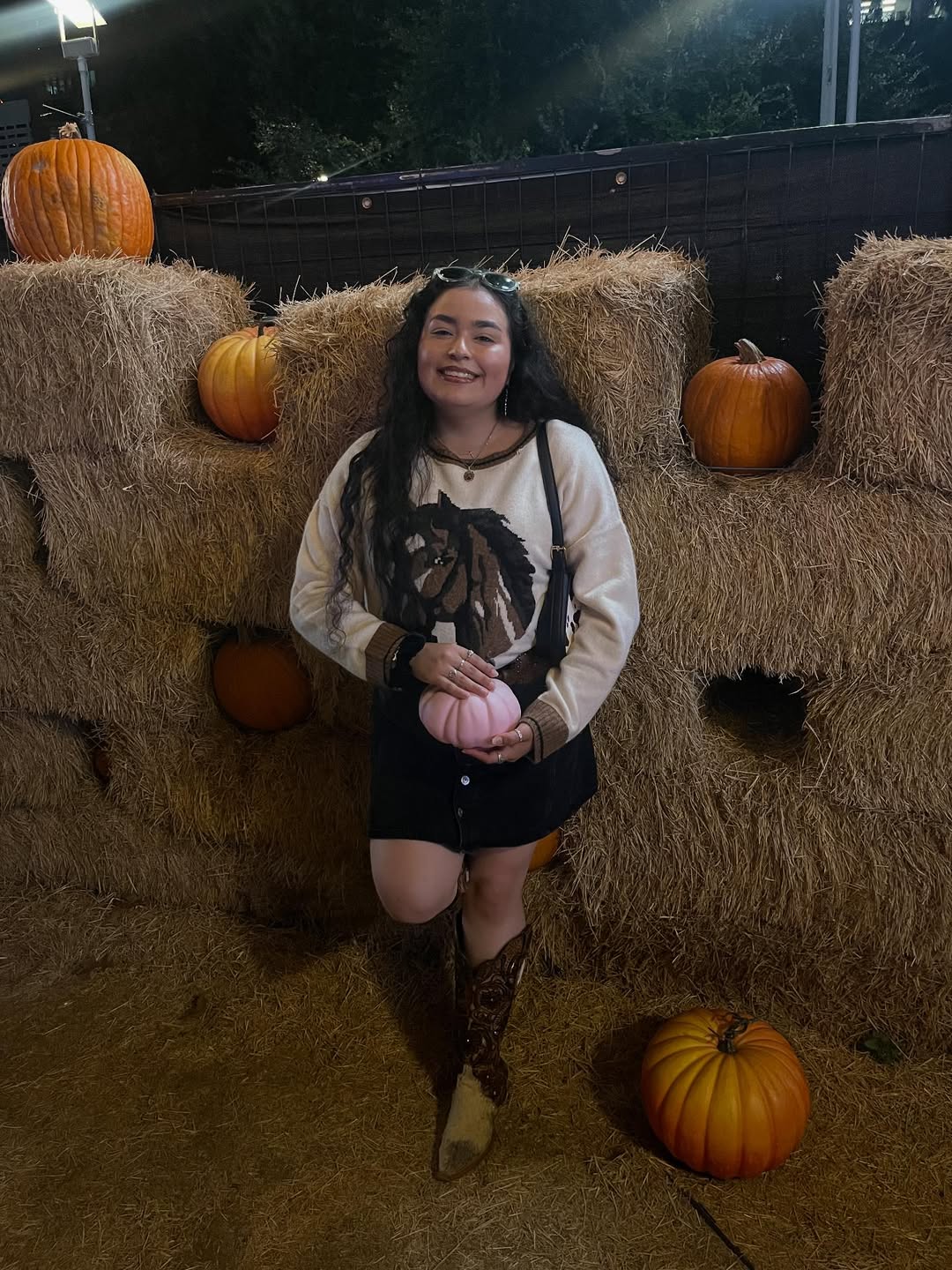 Cozy Horse Graphic Sweater & Denim Skirt