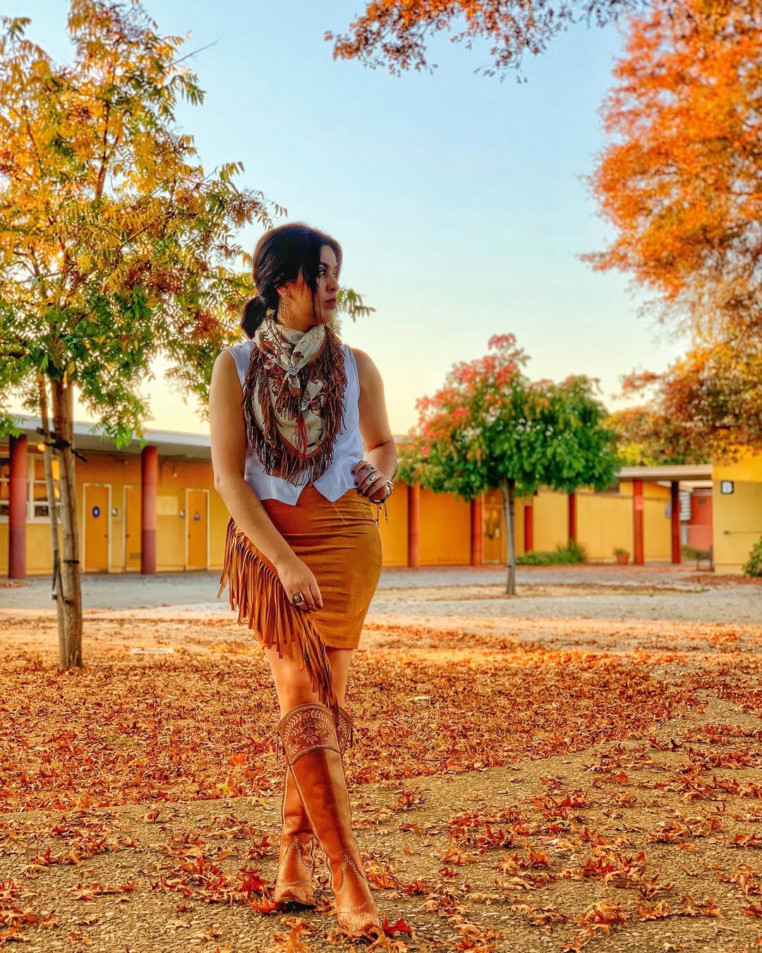 Fringe Skirt and Embellished Boots Western Fall Look