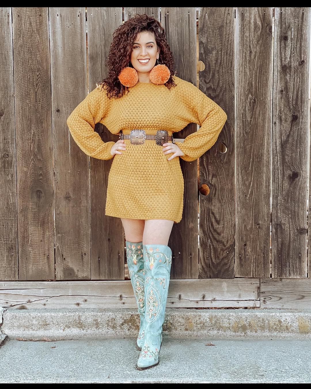 Mustard Knit Dress With Embroidered Western Boots