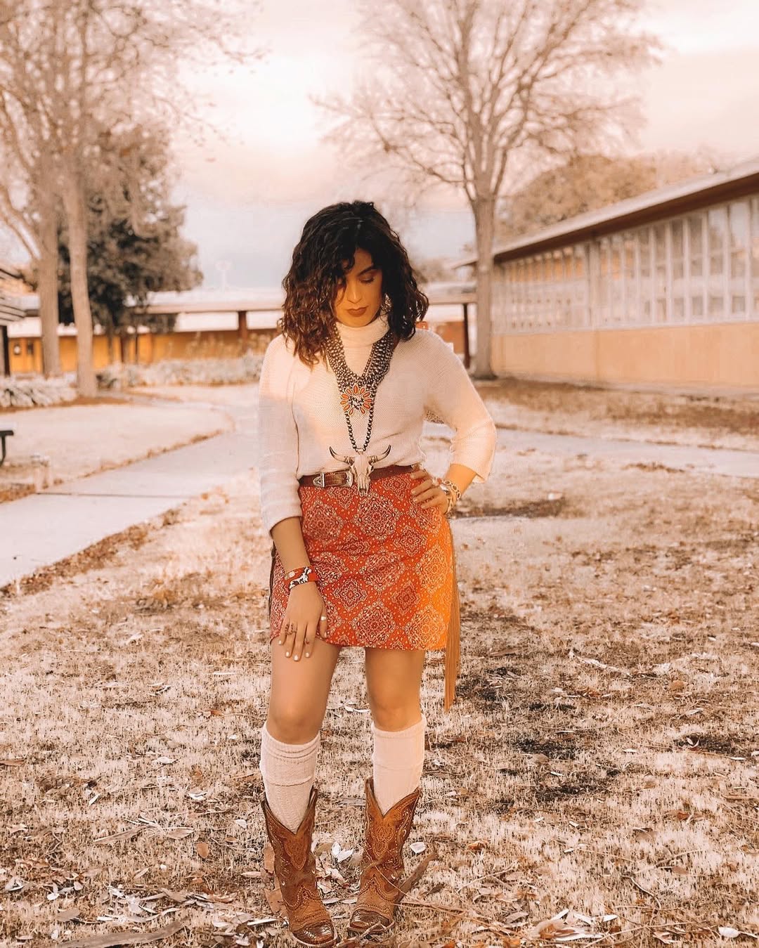 Cozy Western Fall Turtleneck and Skirt Look