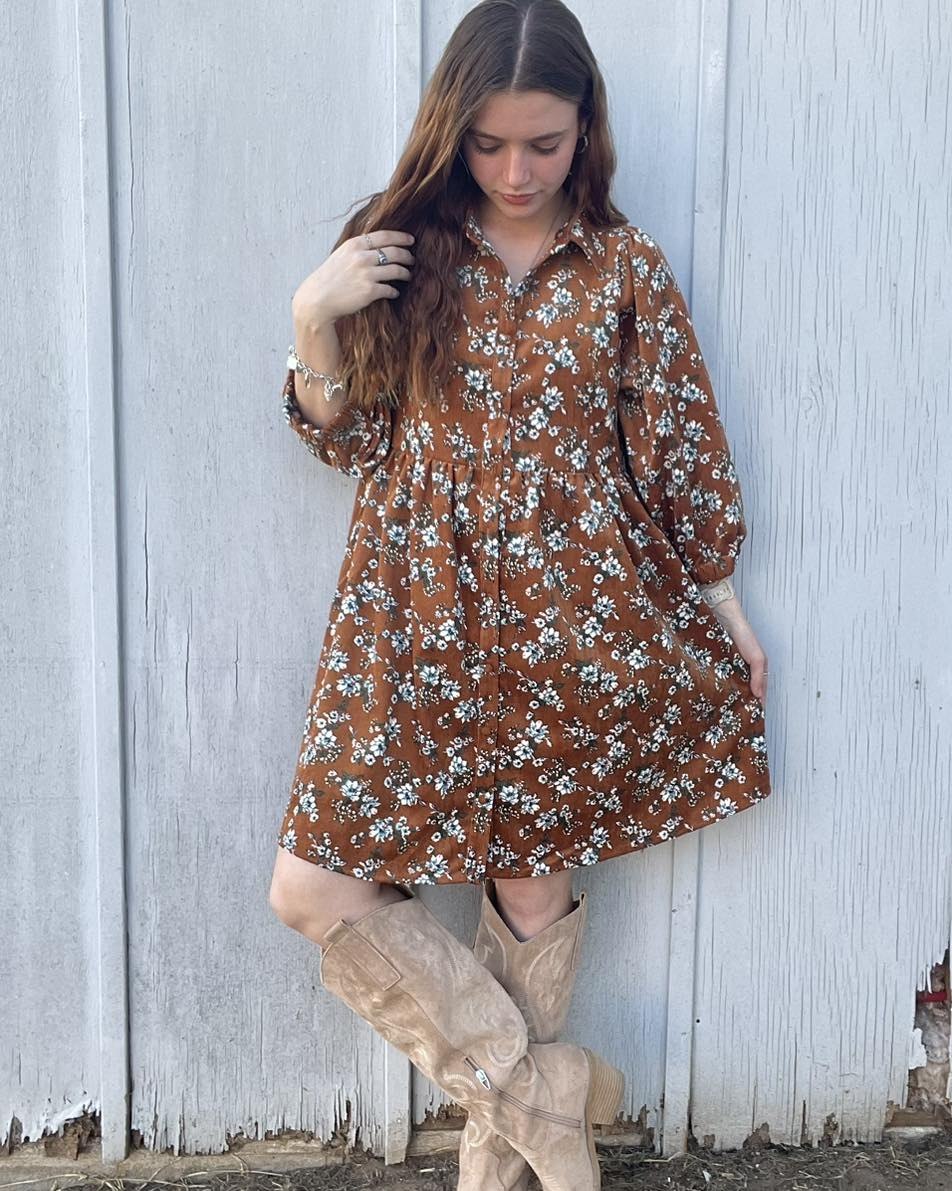 Brown Floral Shirtdress With Suede Western Boots