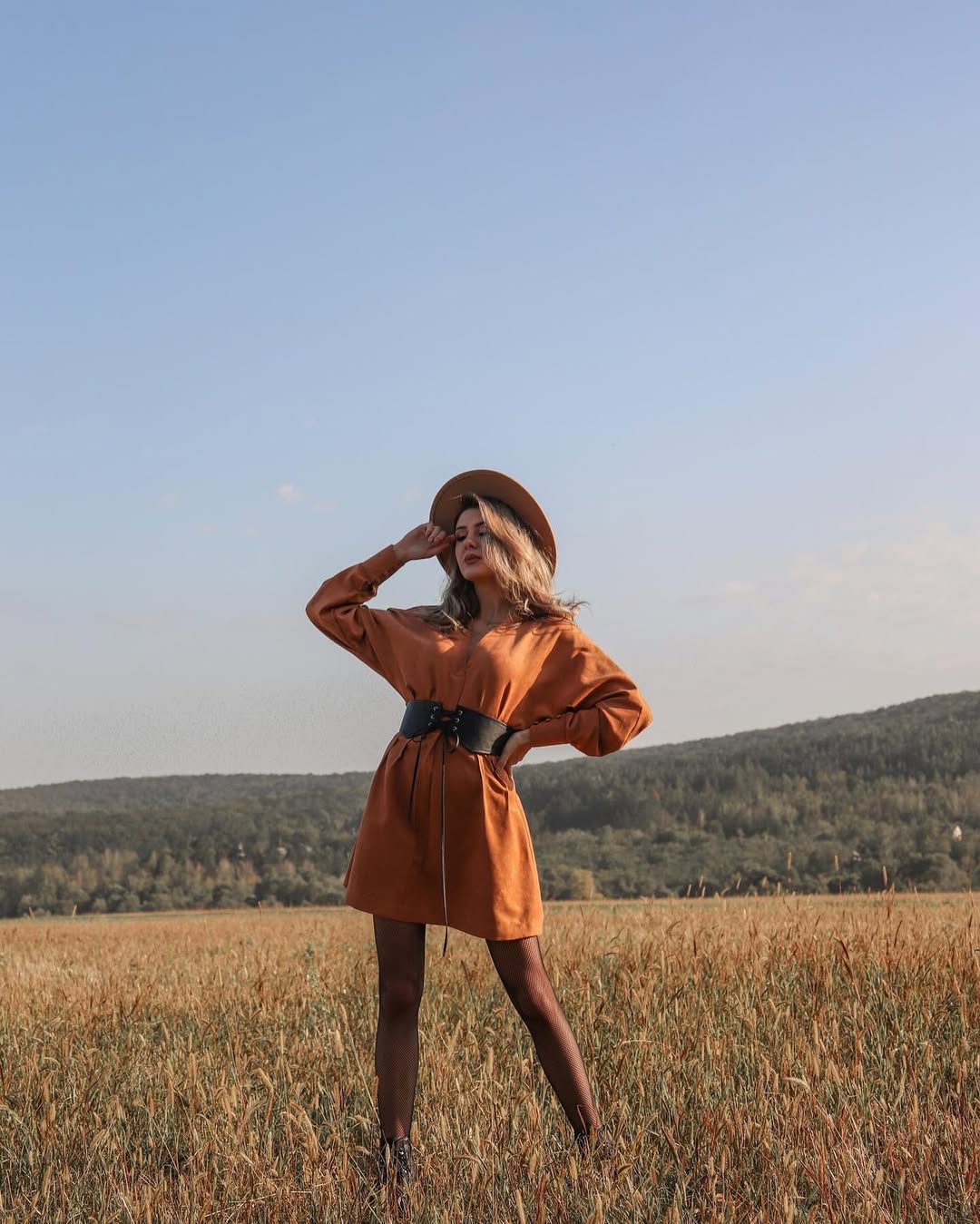 Rust Shirt Dress With Black Wide Belt
