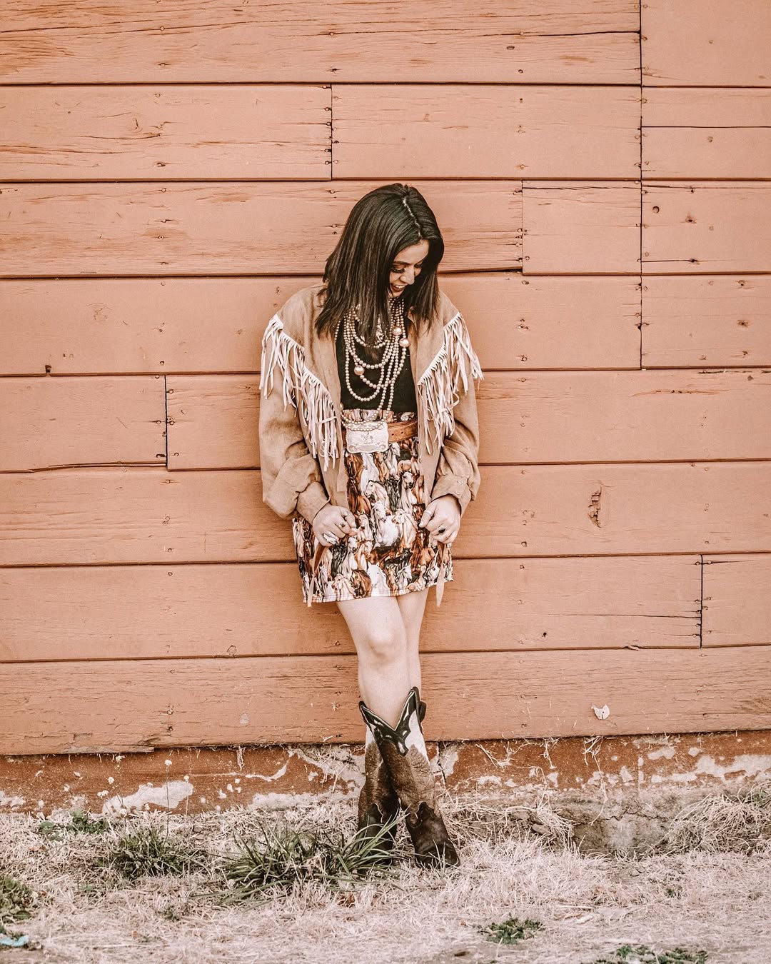 Fringe Jacket And Horse Print Mini Skirt Western Look