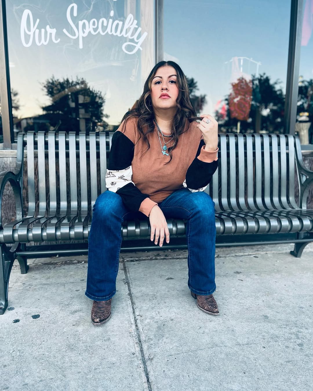 Western Casual Crewneck And Bootcut Jeans Outfit
