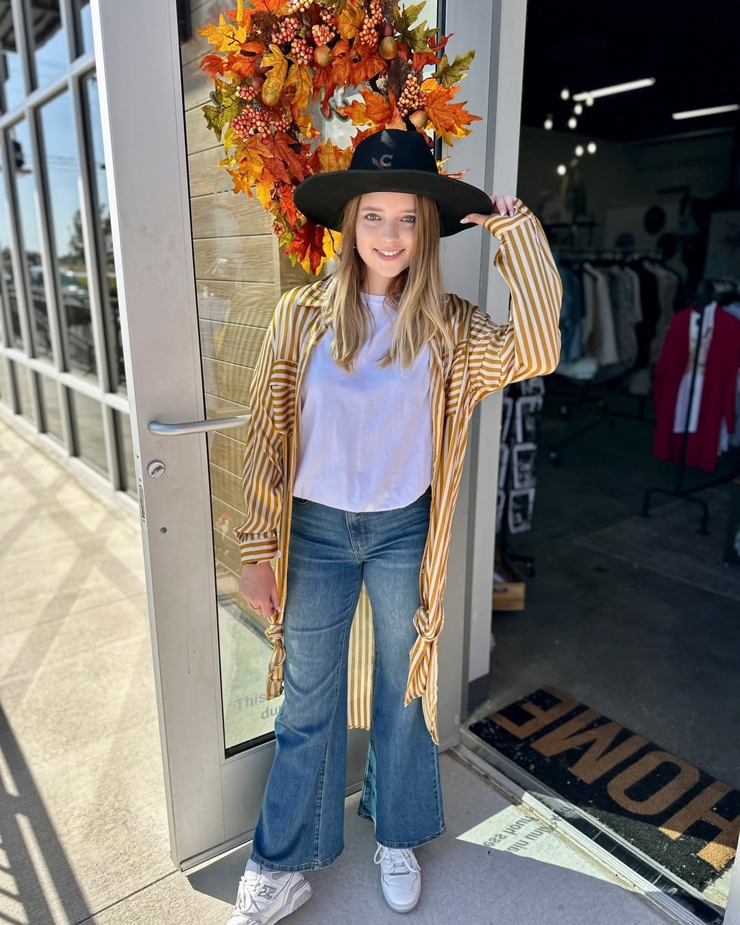 Striped Duster And Flare Jeans Casual Fall Look