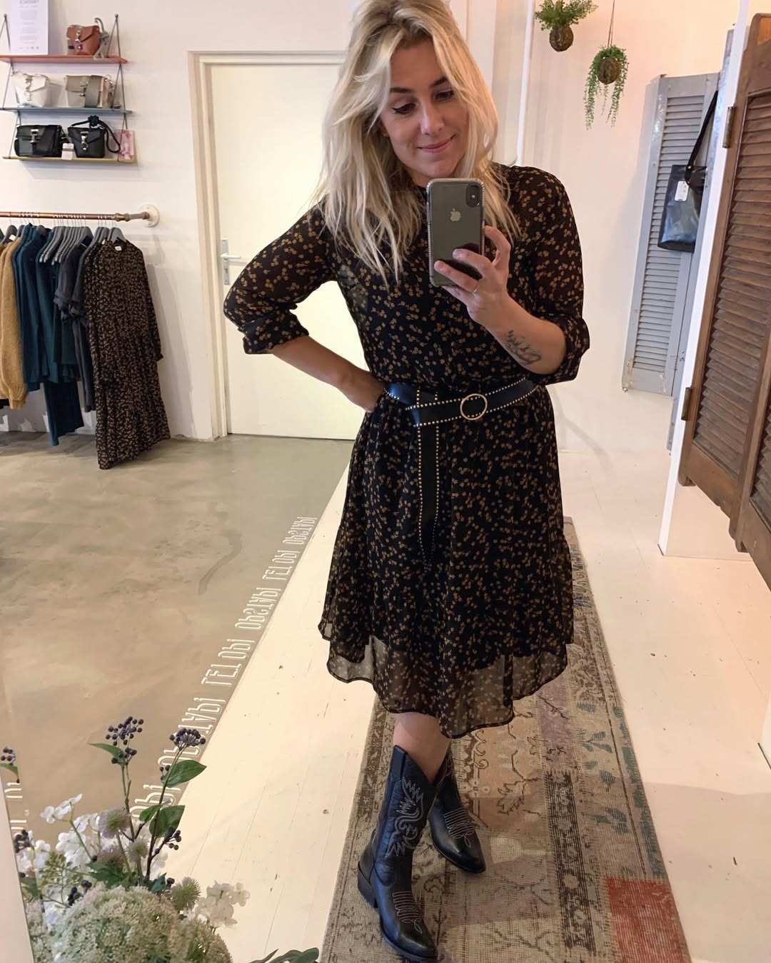 Floral Midi Dress With Black Cowboy Boots
