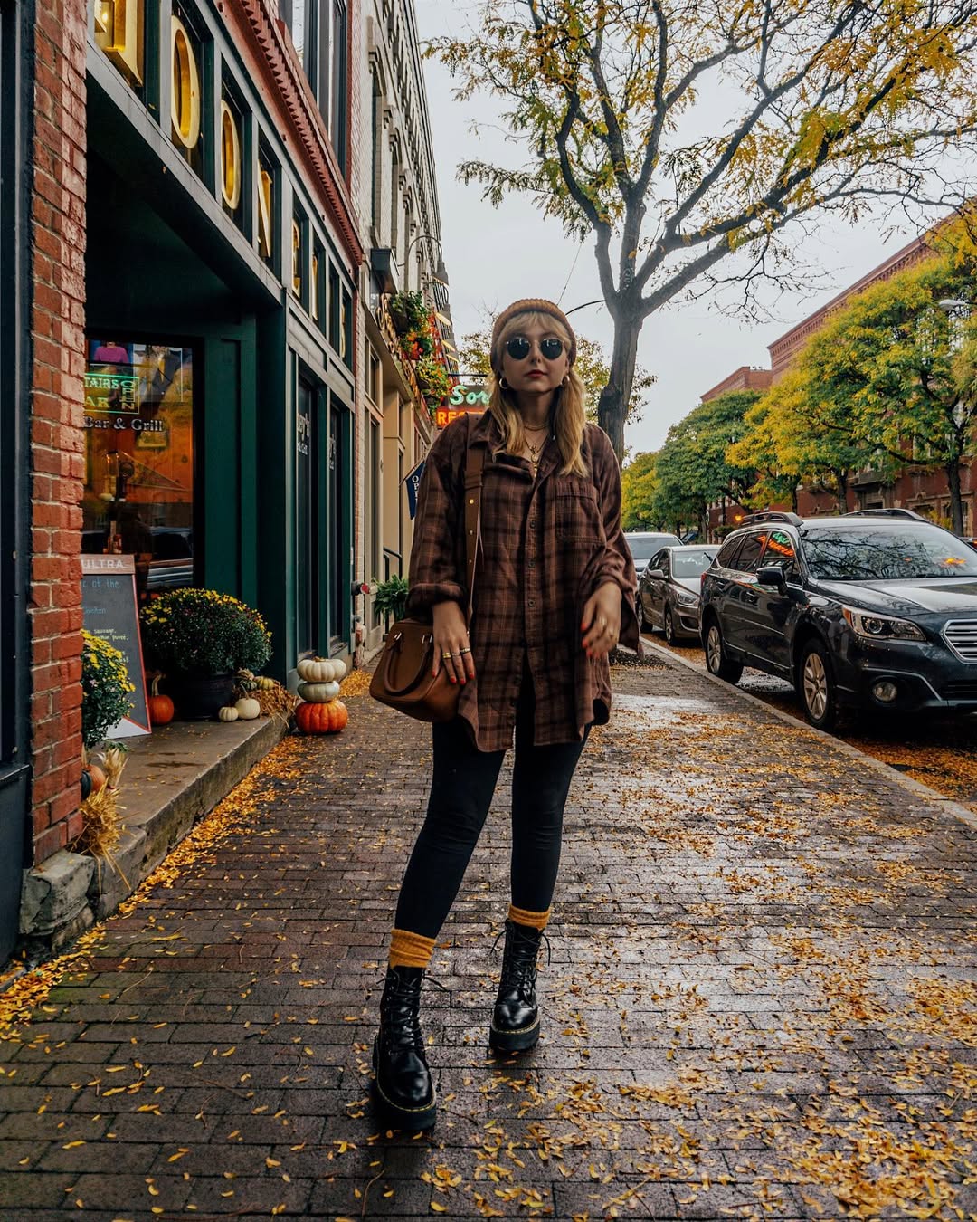 Brown Plaid Overshirt With Black Leggings & Combat Boots