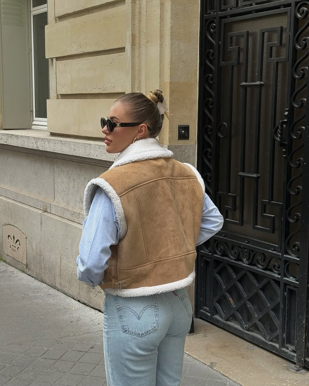 90s Shearling Vest With Light Wash Denim