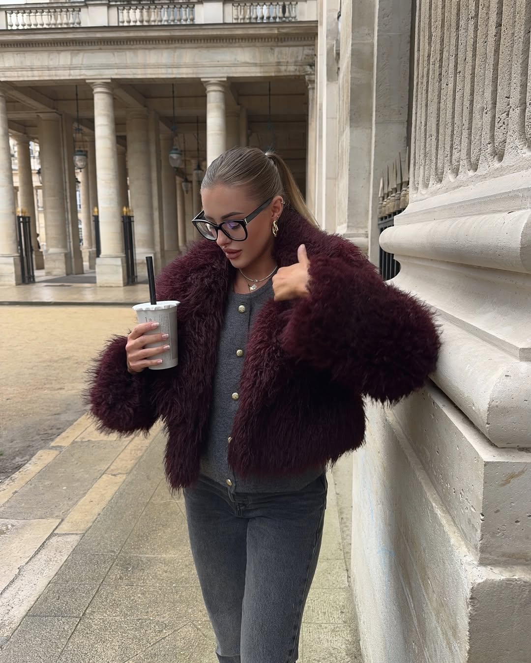 90s Inspired Burgundy Shaggy Jacket and Denim Look