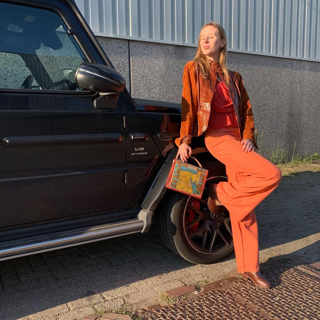 Retro Chic Suede Oversized Jacket And Orange Wide-Leg Trousers