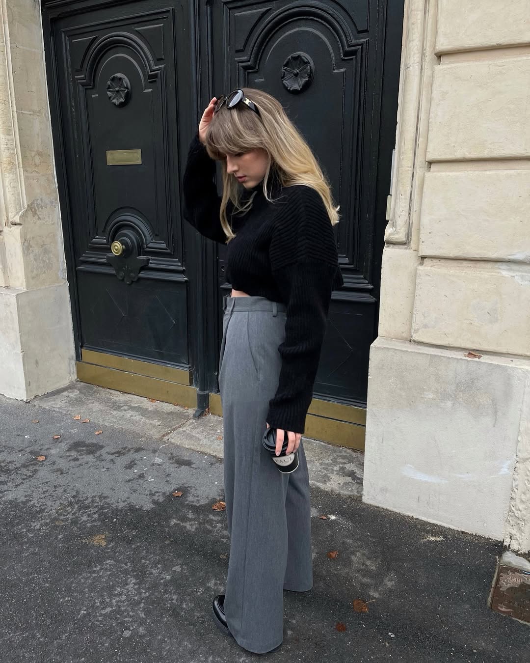 Chic Black Cropped Sweater With Grey Wide-Leg Trousers
