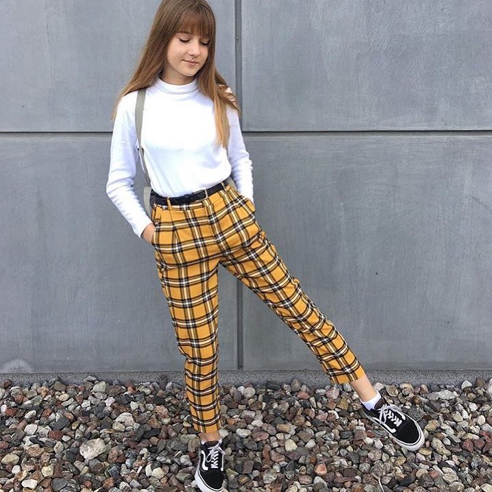 Yellow Plaid Pants With White Turtleneck Outfit
