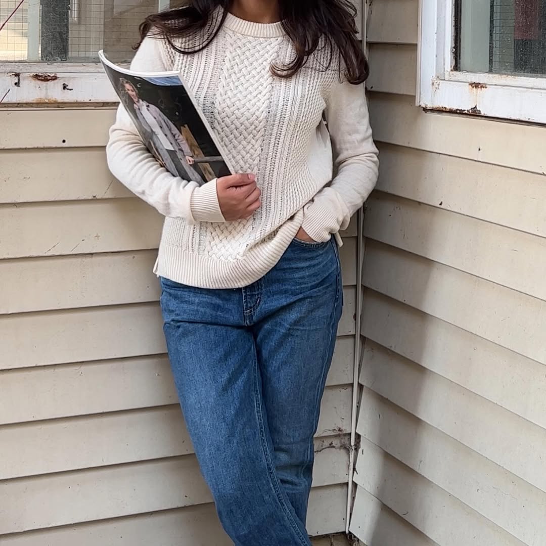 Cozy Cable Knit Sweater With Classic Blue Denim