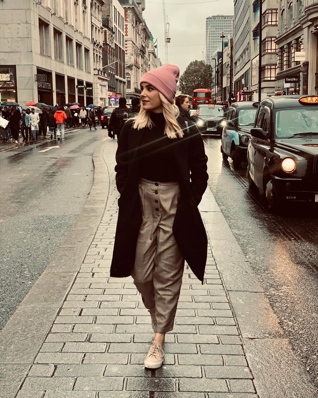90s Inspired Plaid Jumpsuit With Pink Beanie