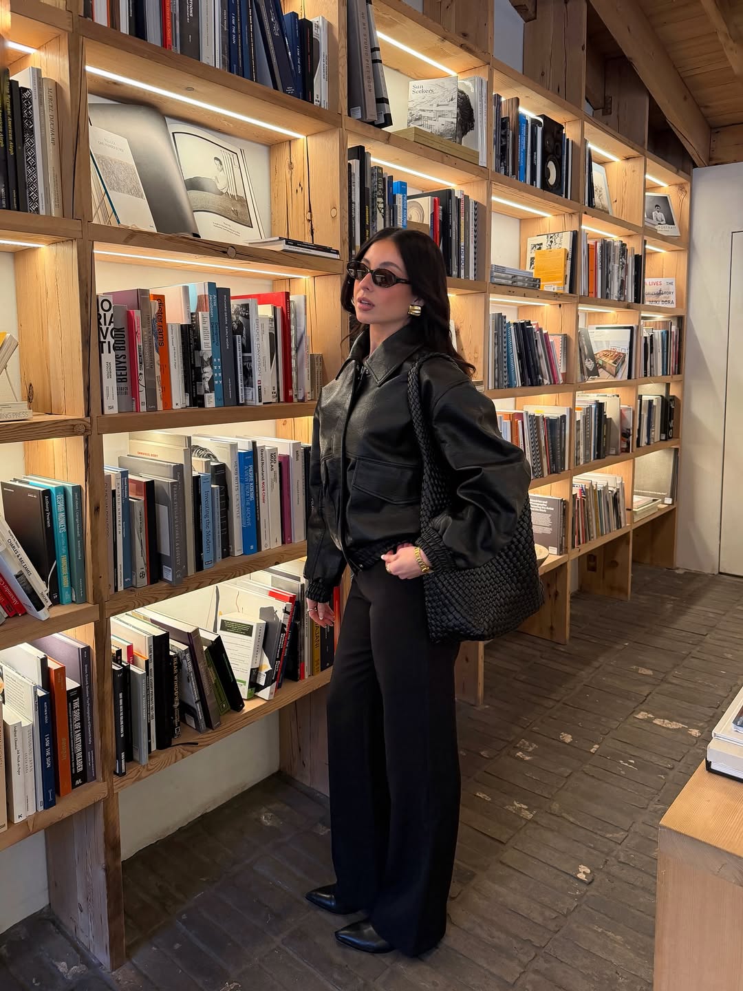 Black Leather Bomber And Wide Leg Trousers