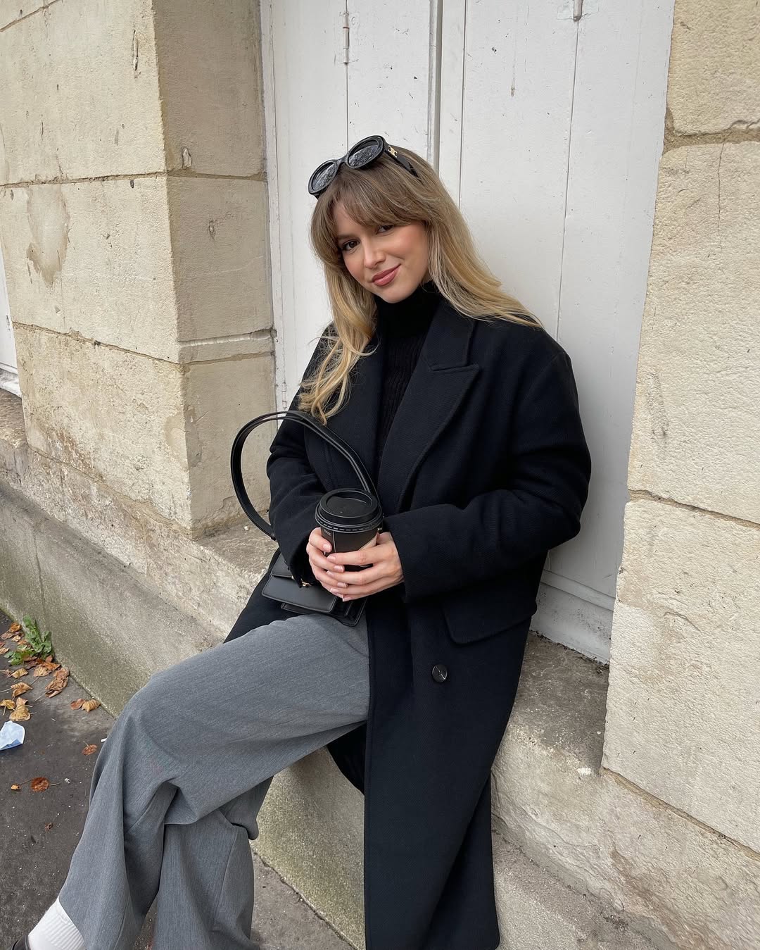 Chic Black Coat With Grey Trousers And Turtleneck