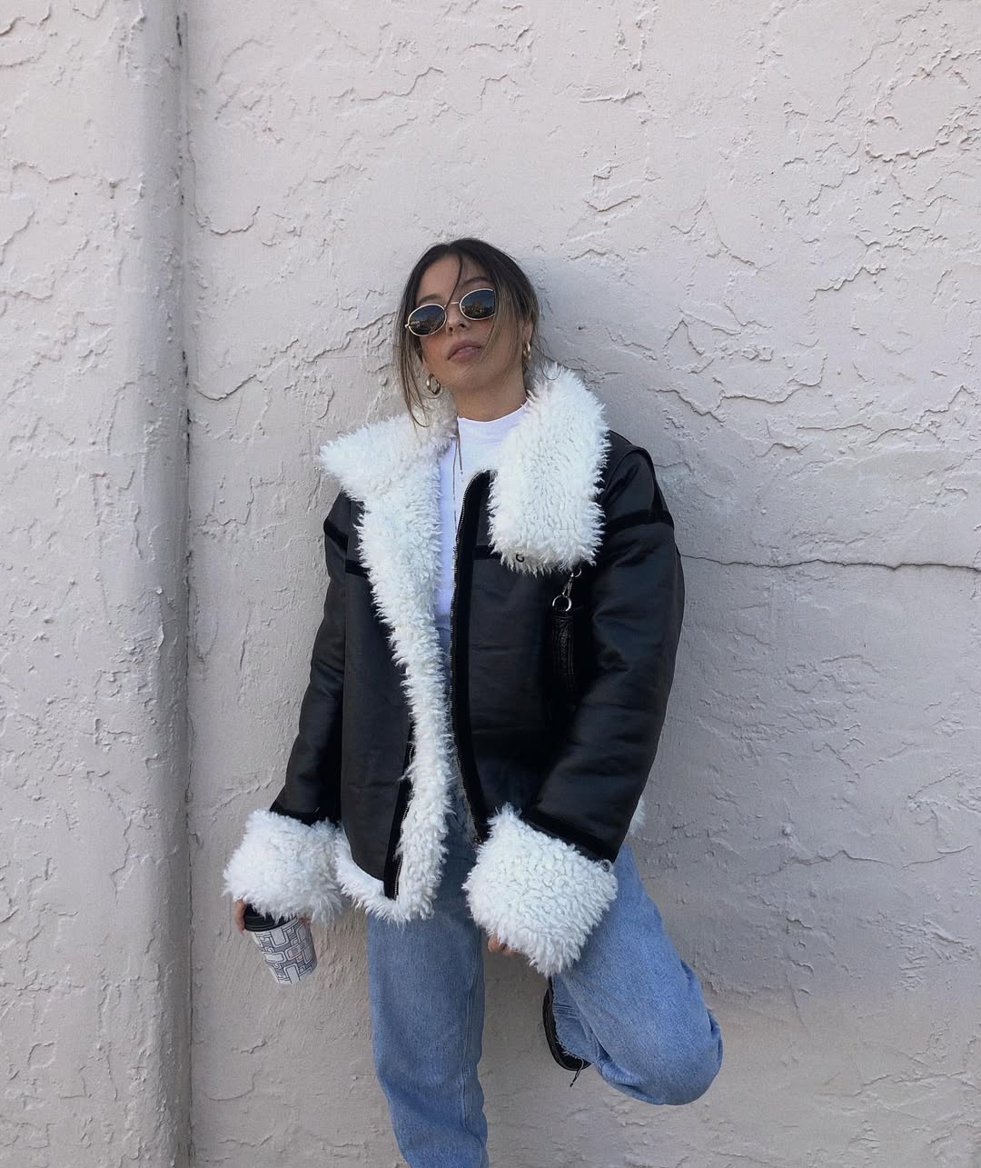 Retro Shearling Aviator Jacket With Light Wash Denim