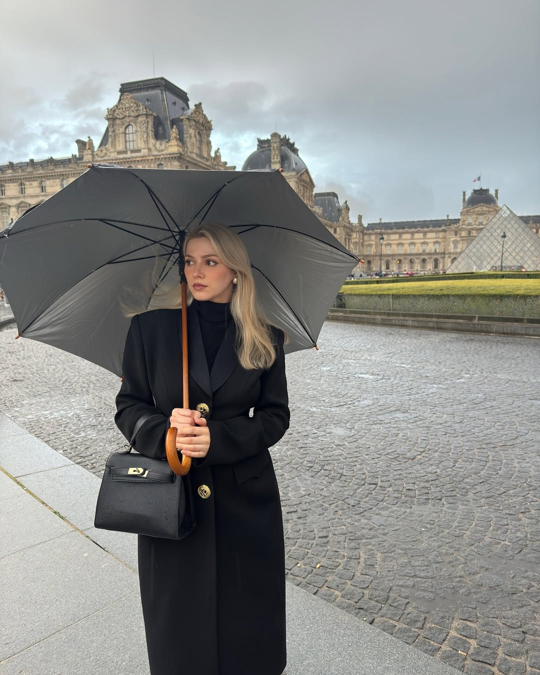 Classic Black Wool Coat And Structured Handbag