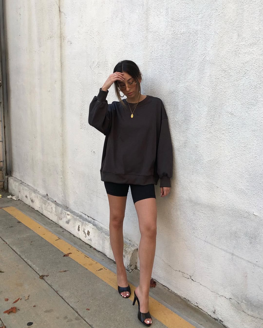 Oversized Sweatshirt With Bike Shorts And Mules