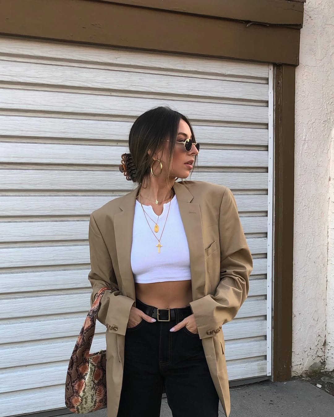 Camel Blazer With Cropped Top And Black Denim