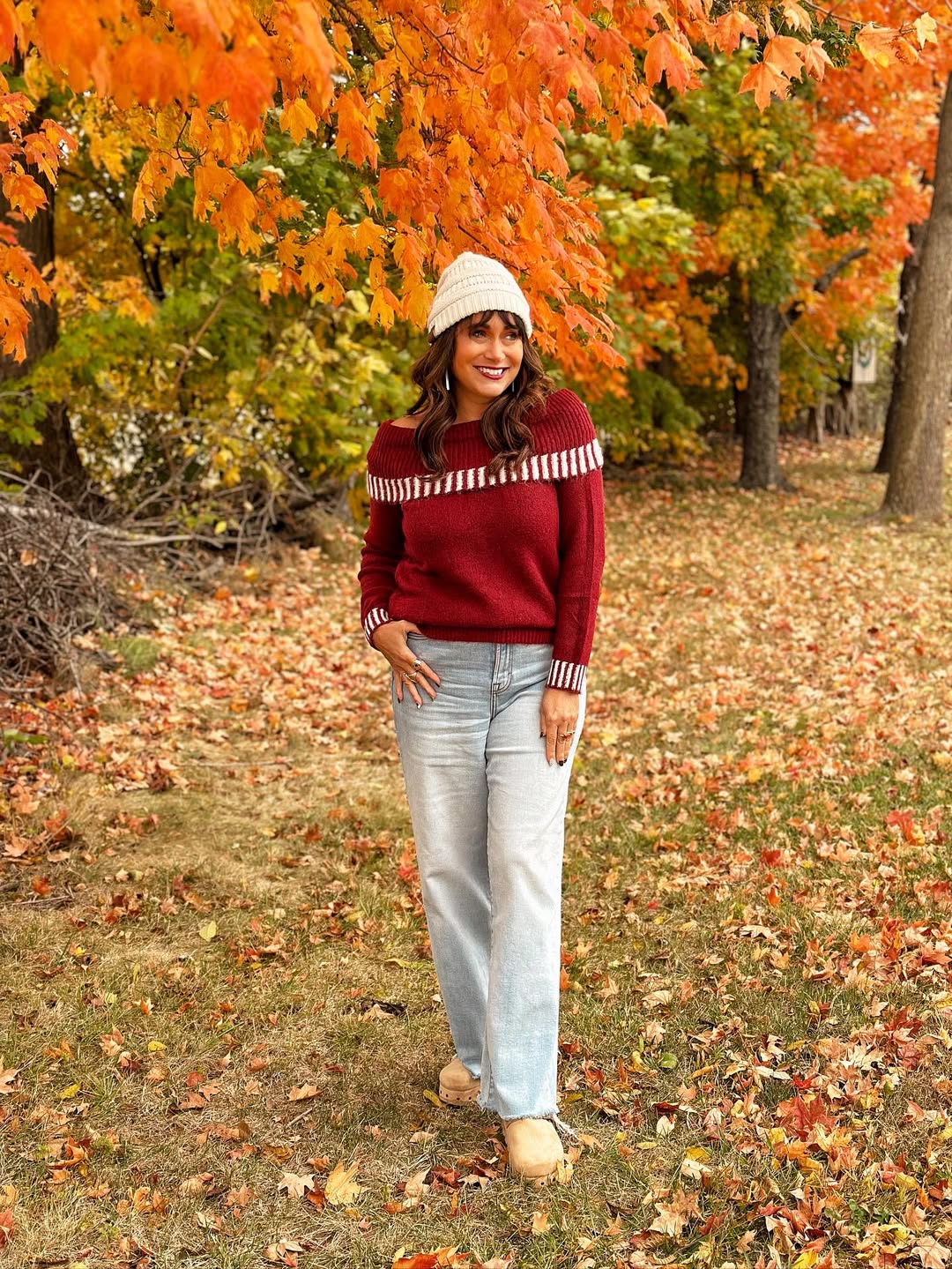 Cozy Burgundy Off-Shoulder Sweater With Light Wash Jeans