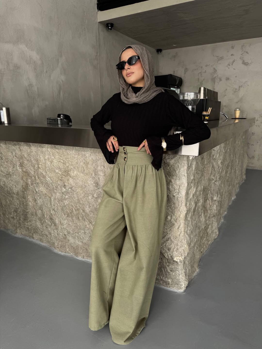 Chic Black Turtleneck With Olive Wide-Leg Trousers