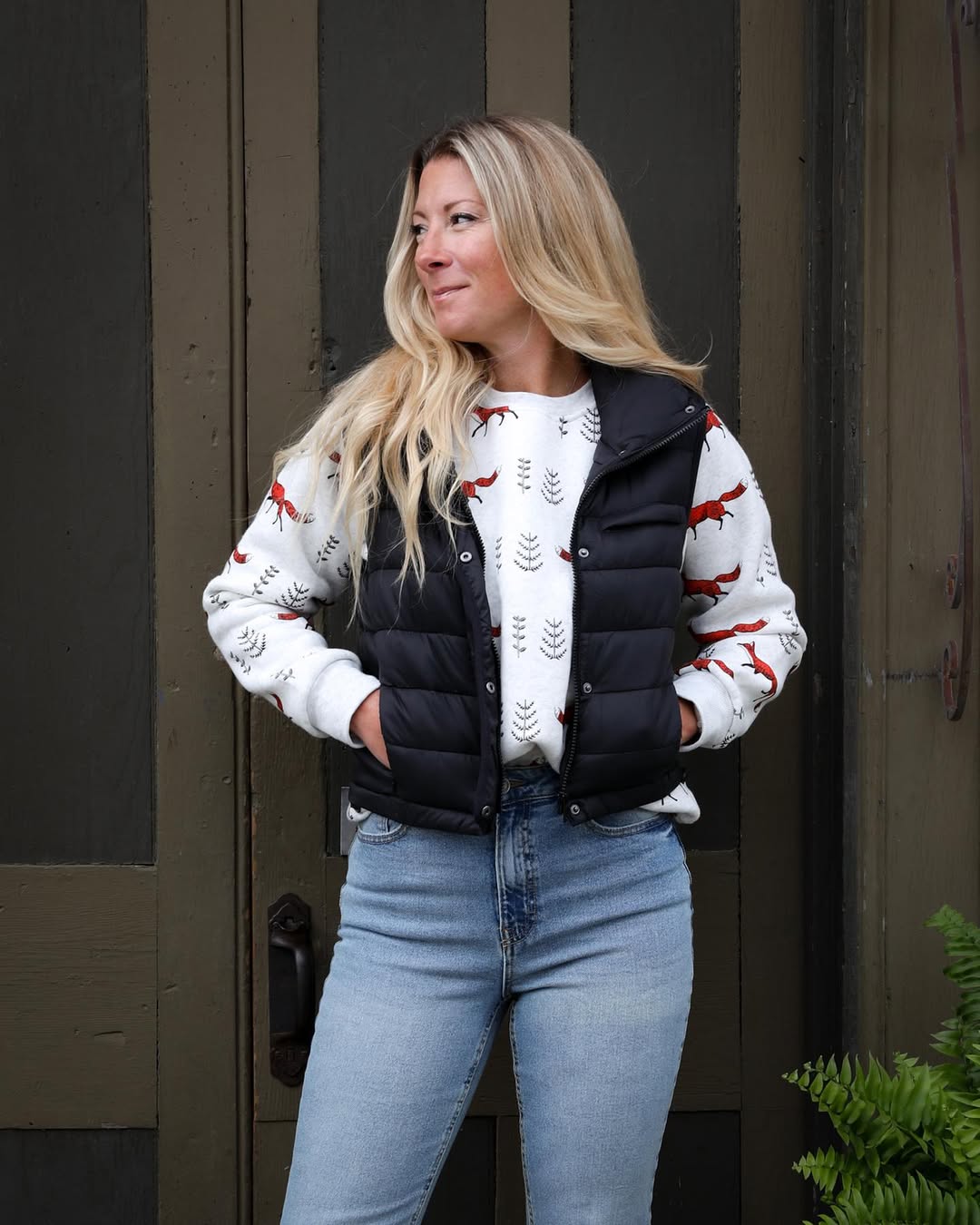 Cozy Fox Print Sweater With Puffer Vest