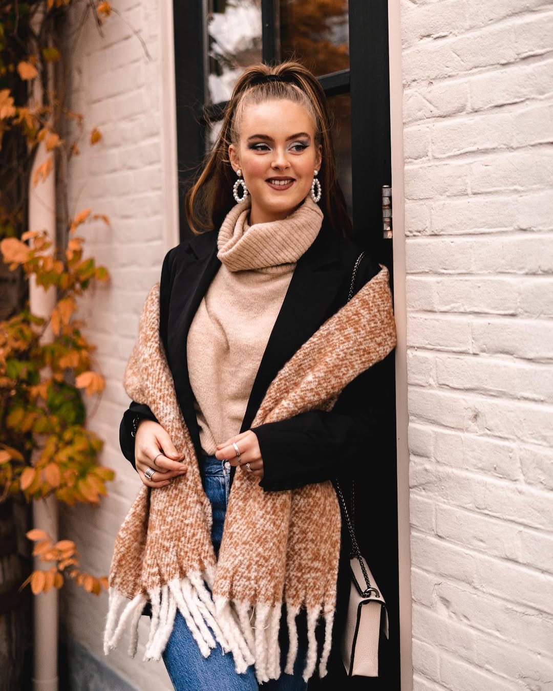 Chic Layered Turtleneck with Cozy Scarf and Blazer