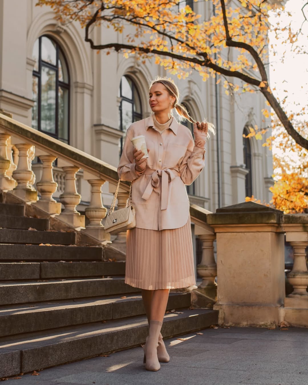 Chic Beige Shirt Dress With Pleated Skirt