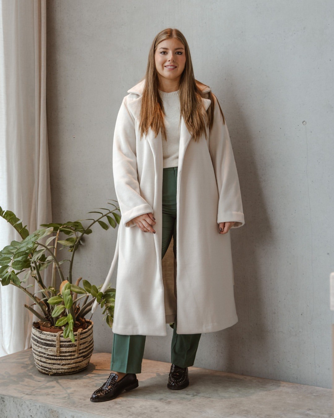 Cream Wool Coat With Emerald Trousers