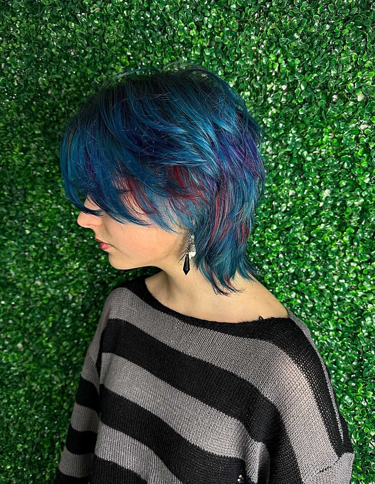 Choppy bob in deep blue with burgundy red accents