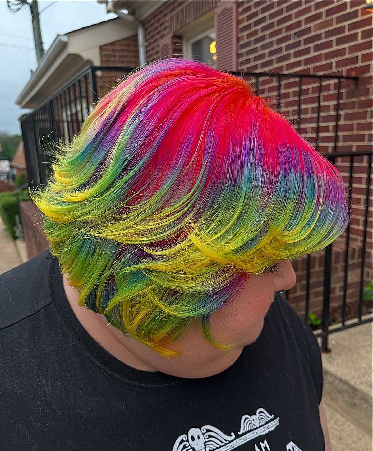 Bob-length hair in full rainbow colors from root to tip