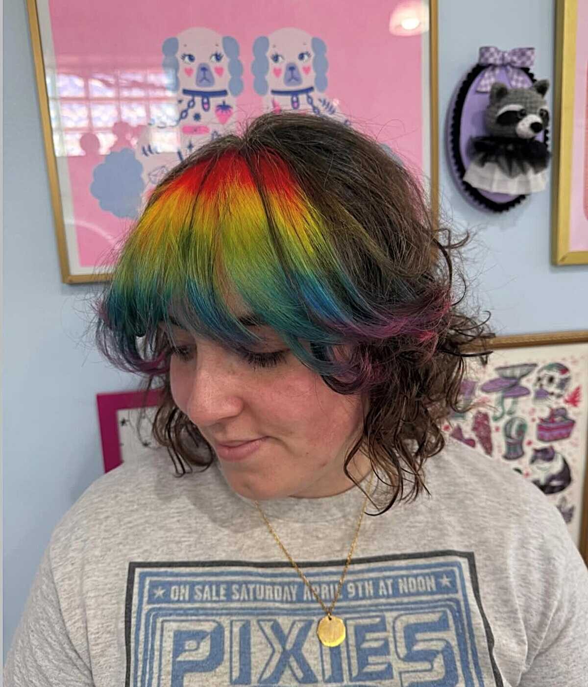 Curly brown shag with rainbow-colored bangs