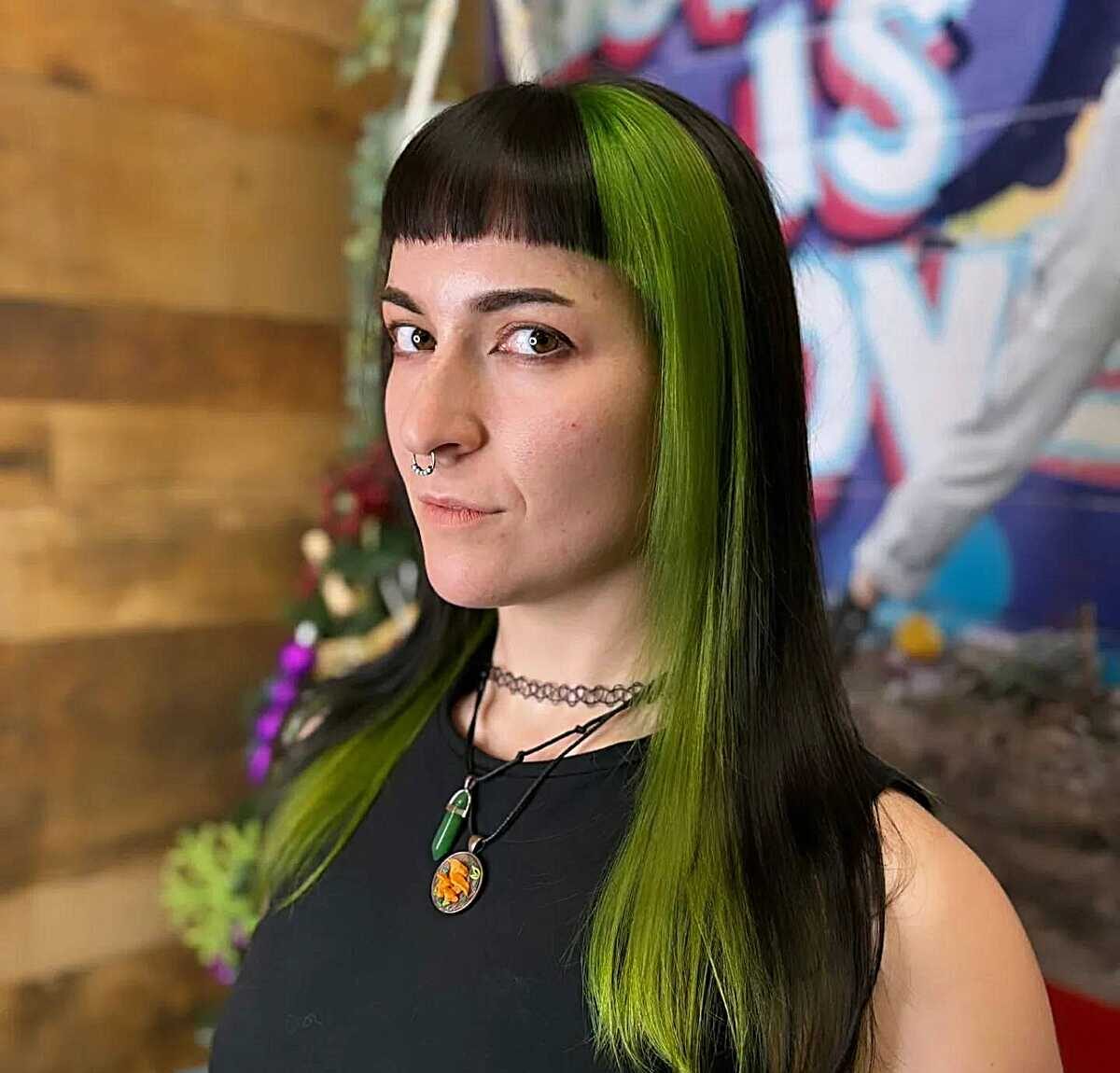 Long straight black hair with bright green peekaboo panels